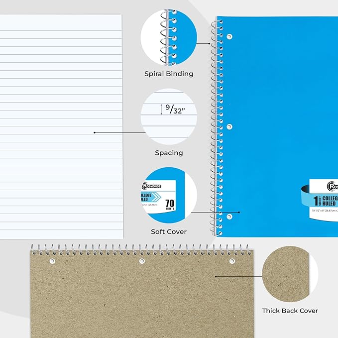 Rosmonde 2000 Packs (Pallet) 1 Subject Notebooks, Spiral Notebook Bulk, College Ruled, Pallet of Notebooks,70 Sheets (140 pages), 8 x 10-1/2",Bulk Spiral Notebooks for School & Office,4-7 Days Transit