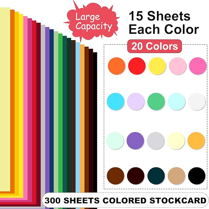 300 Sheets Colored Cardstock 8.5 "x 11", 65LB 180GSM Craft Bulk Construction Paper, 20 Assorted Colors Card Stock Paper for School & Office, Card Making Printer Scrapbook Decorations DIY Crafts