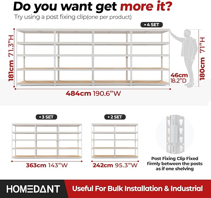 HOMEDANT 5 Tier Storage Shelves Adjustable Laminated Boltless Garage Metal Shelving Unit Heavy Duty Utility Rack Shelf Warehouse Pantry Closet Kitchen (2, (L) 48.1" W, White)