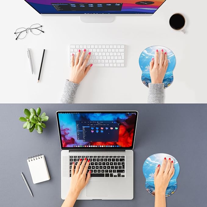 ITNRSIIET Ergonomic Mouse Pad with Comfort Gel Wrist Rest, Non-Slip PU Base, Smooth Textured Surface, Reduces Hand Fatigue & Wrist Pain, 8.7 x 7.2 Inch for Office Gaming Home, Ocean