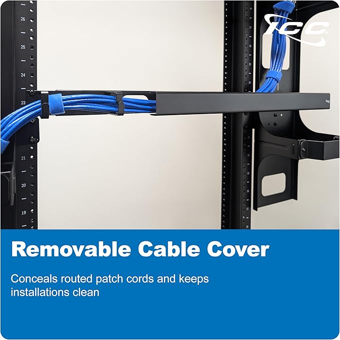 ICC 1U Ring Cable Manager Panel with Cover, Metal, 3" D-Rings, Horizontal Cable Management, Rackmount for 19” Network Racks, Black, 6-Pack