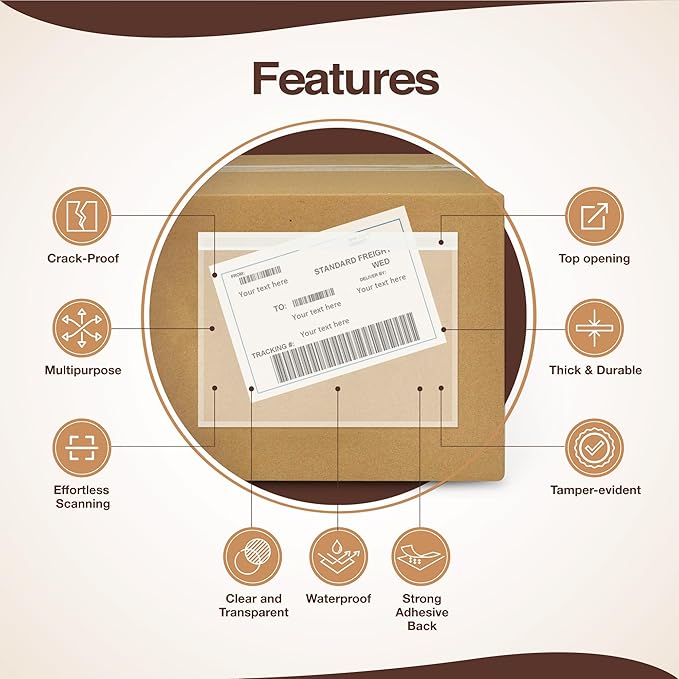 7x10 Shipping Label Sleeves 500 Pack-Strong Adhesive Back for Secure Package Labelling, Protects Documents with Packing Slip Pouches -Packing Sleeves for Mailing and Packaging -WaterProof and Durable