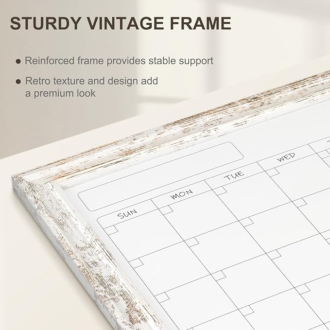 Monthly Dry Erase Calendar Whiteboard for Wall, 36" x 24" Magnetic White Board Calendar Board - Rustic Vintage Wooden Frame