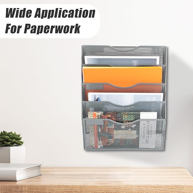 EASEPRES 5 Pocket Mesh Hanging Wall File Organizer, Wall Mounted Mail Paper Document Folder Holder, Clipboard Storage Organization Magazine Rack with Nametag Label for Office Home School, Gray