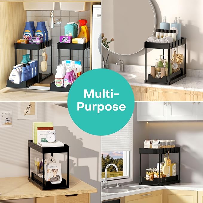 APWNRJA Under Sink Organizers 2 Pack, Pull-Out Sliding Cabinet Organizer with 2-Tier Storage Shelf & 4 Hooks, Multi-Purpose for Kitchen & Bathroom (13 Inch, Black)