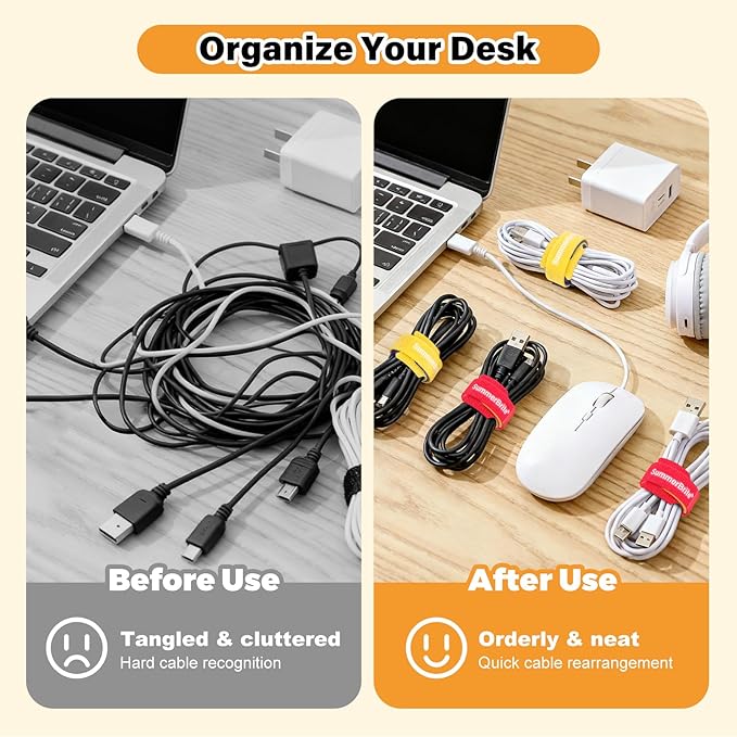 SummerBrite 70 Pack Multi-Color Cable Ties 6 Inch with Writable Labels, Reusable Cord Organizer Straps, Hook & Loop Wire Management for Identifying Electronics, Charging Cables, Home Office & PC
