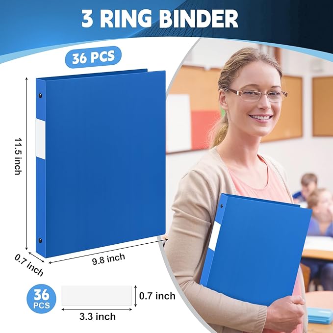 Henoyso 36 Pcs 3 Ring Binder 0.5 Inch Round Fits Letter Size 8.5'' x 11'' Paper Plastic Flexible Binder Bulk Holds 140 Sheets with 1 Pockets Versatile Organizer for Home Office School (Blue)