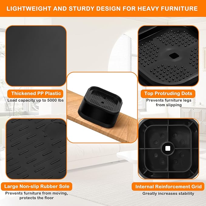 shouwuhho 12 Pack Furniture Risers Adjustable Bed Risers Heavy Duty Lifts Height 1", Square Stackable Bed Risers 1, 2 or 3 Inch for Desk Leg Table Couch Sofa Chair Bed Frame Legs Dorm, Black