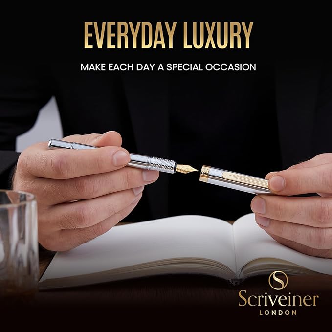 Scriveiner Silver Chrome Fountain Pen (Fine), Award Winning, Heavy Pocket Stunning Luxury Pen, Real Gold Plating and Genuine Schmidt Nib, Includes Converter, Fancy EDC Writing Gift Set for Men & Women