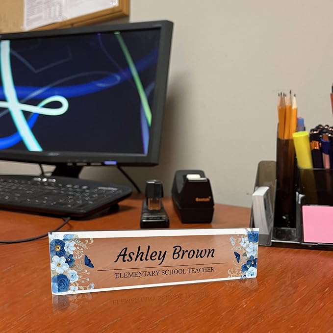 Signs ByLITA Floral Pattern Customized Nameplate | Indigo Blooms Personalized Full Color Acrylic Desk Sign
