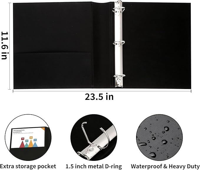 LETVPVOW Vintage Hardback 3 Ring Binder 1.5 Inch, Professional Leather Binder 3 Ring, Three Ring Binders Fits 8.5 x 11, D Ring Binders for Photo Album, Home, School and Office Supplies- Dark Green