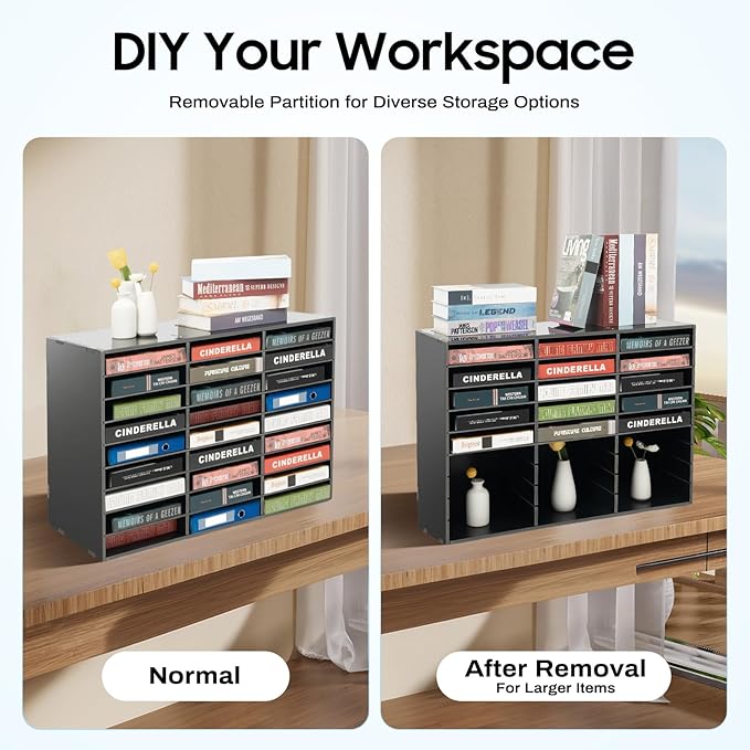 27 Slots Mail Sorters for Office, PVC Literature Organizer with Removable Shelves, Door-Less Mail Center Paper Storage Cabinet for Files Magazines Documents, 9.8 * 2.2in Each Slot (27 Slots - Black)