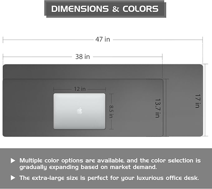 Aothia Leather Desk Pad Protector, Office Mat, Large Mouse Pad, Laptop Desk Pad, Non-Slip PU Leather Blotter, Waterproof Writing Pad for Office and Home (Gray, 47" x 17")