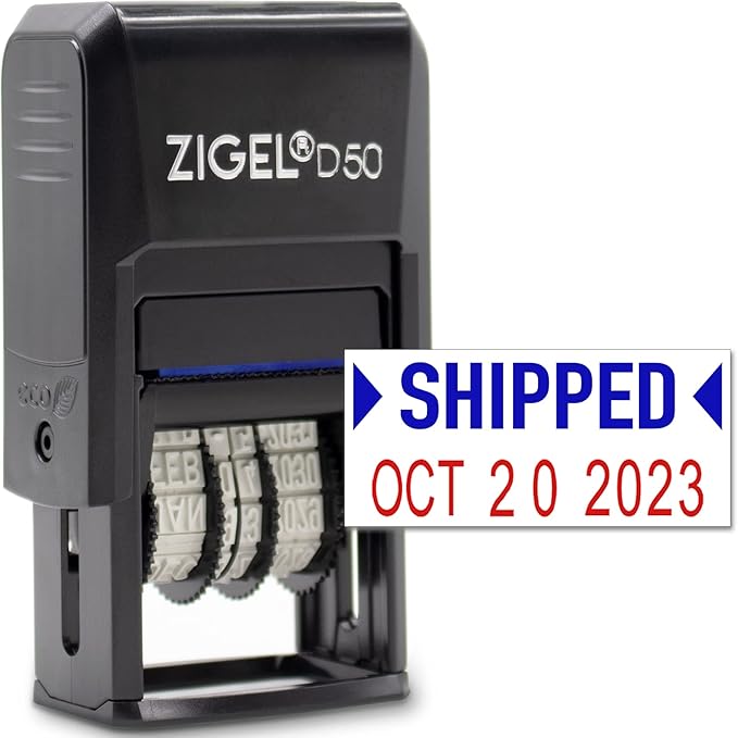 ZIGEL D50 Date Stamp with Phrase - Self Inking Date Stamp - Black (Blue/Red, Shipped)