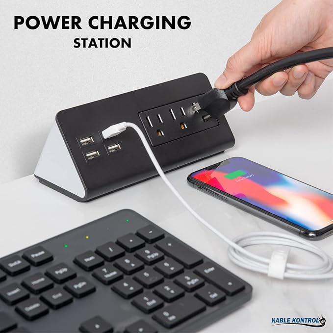 Kable Kontrol Desk Clamp Power Strip with 4 USB-A Ports, Nightstand Charging Station, 3 AC Outlets, Fast Charger, Easy Installation for Home, Offices, Hotels – 4.9 Ft, Black, 100 Pcs