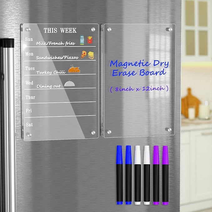 AITEE Acrylic Magnetic Weekly Meal Planner for Fridge, Clear Set of 2 Dry Erase Board Calendar and Memo for Refrigerator Reusable Week Planner, Includes 6 Dry Erase Markers With 3 Colors(8"x12"Inches)