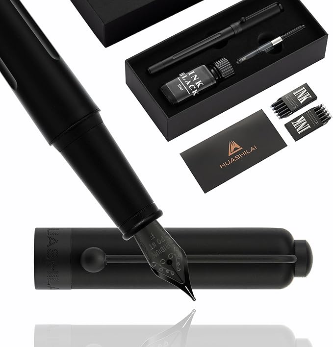 HUASHILAI Luxury Matte Black Forest Fountain Pen Set,Titanium Black Extra Fine and Medium Nibs,Includes 2 Ink Converters,10 Ink Cartridges,15ml ink，Premium Gift Case for Calligraphy (Fine Nib)