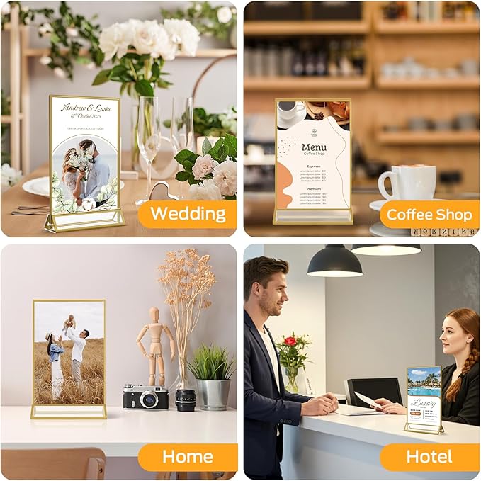 Smarpau Gold Acrylic Sign Holder 5x7, Double-Sided Display Stand, Clear Picture Frames/Flyer Holder/Menu Holder/Table Number for Wedding, Home, Offices(16Pcs)