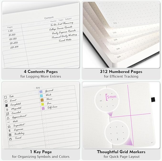 OFFIGIFT Bullet Dotted Journal Notebook, 312 Numbered Pages A5 Hardcover Leather Journal, 100gsm No Bleed Paper Dot Grid Notebook with Index Pages, Dot Journal for Women Men, 5.75" x 8.38", Black