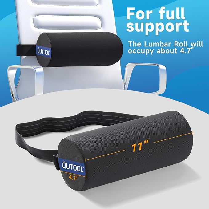 QUTOOL Lumbar Roll, Lumbar Support Pillow for Office Chair with Non-Slip Wider Strap, Back Pain Relief & Posture Improvement, Washable Cover, Office Desk & Car Accessories, Black, Firm