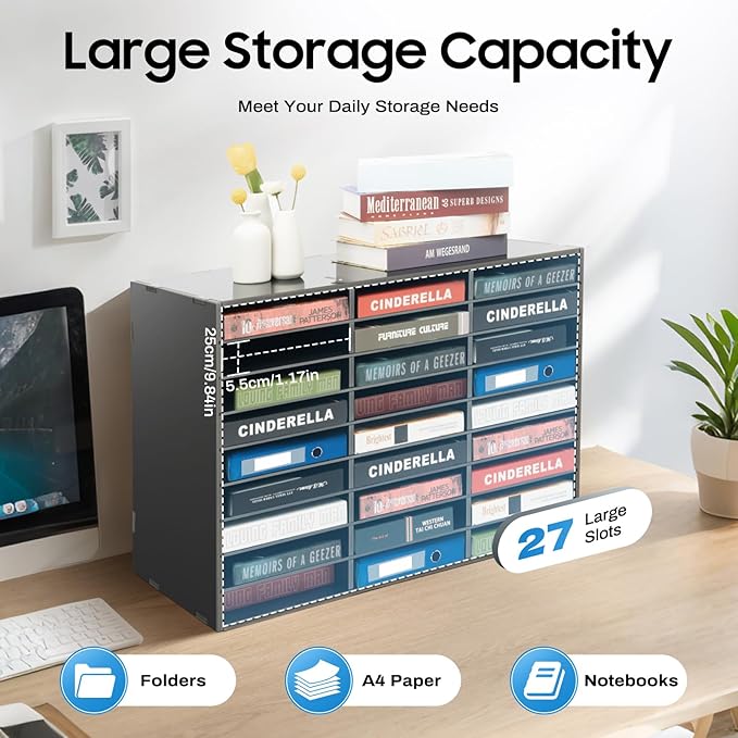 27 Slots Mail Sorters for Office, PVC Literature Organizer with Removable Shelves, Door-Less Mail Center Paper Storage Cabinet for Files Magazines Documents, 9.8 * 2.2in Each Slot (27 Slots - Black)