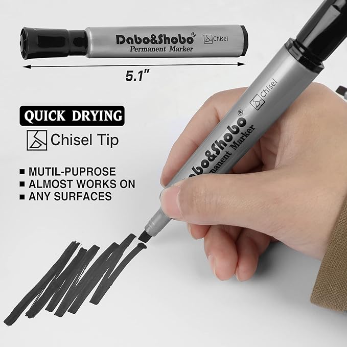 Dabo&Shobo 72 Pack Permanent Markers, Chisel Point, Quick Drying Ink, Black Permanent Markers, Works on Plastic,Wood,Stone,Metal and Glass for Doodling, Marking…