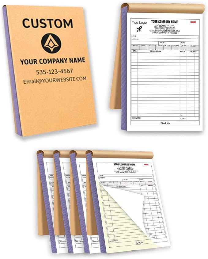 Custom Carbonless Invoice Book with Logo, Personalized Cover & Inner Pages, 2 Part NCR Receipt & Work Order Forms, Easy Tear, Writing Shield for Small Business (2-Part [White/Yellow], 11.8x8.3INCH)