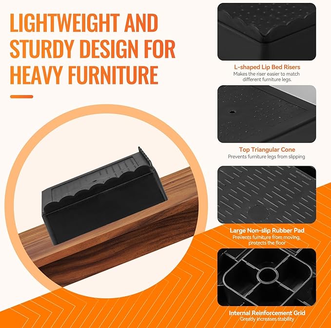 shouwuhho Furniture Risers, 16 Pack Bed Risers with Non-Slip Grip and Heavy Duty Support, 1 Inch 2 Inch 3 Inch 4 Inch Height Lift for Couch, Sofa, Table, Desk, Chair, Refrigerator - Black, 1 Inch