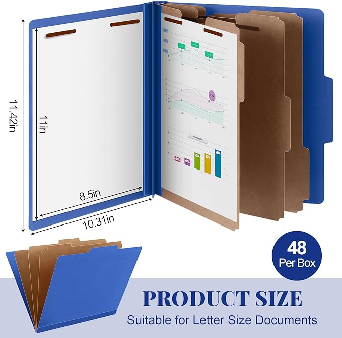 Skyygemm 48 Pcs Classification Folders Letter Size, 3 Divider Pressboard File Folder with Fasteners, Expanding File Organizer Bulk for School Teachers, Office Employee, Coworker, Staff (Dark Blue)