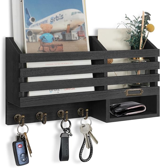 FifthQuarter Key Holder for Wall: Easy Mounted Key Rack and Mail Organizer with Store Shelf and Four Sturdy Keys Hooks Decor in Kitchen|Farmhouse|Entryway|Mudroom (Black)