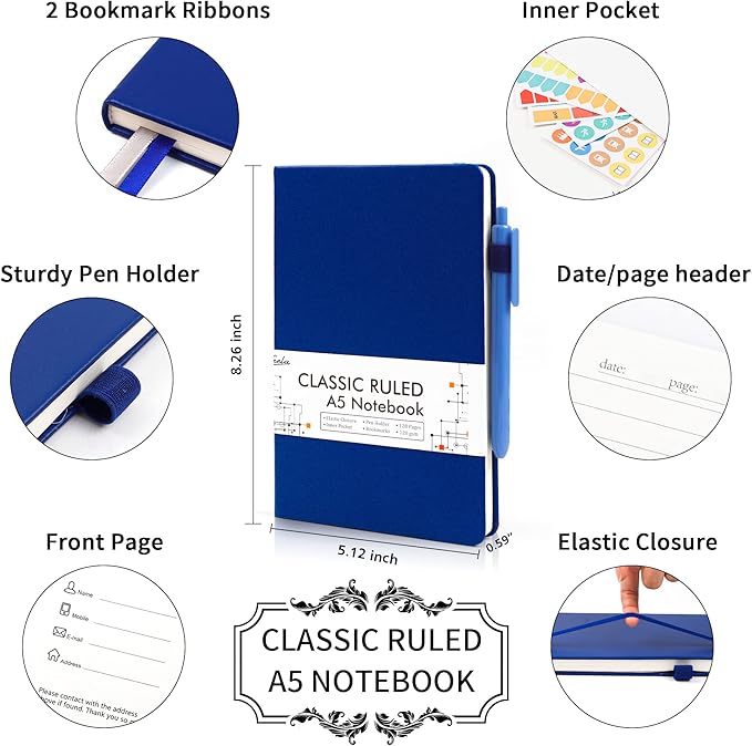 feela 8 Pack Journal Notebook Bulk for School, Hardcover Business Notebooks Classic Ruled Lined Journals with Pen Holder for Work Note Taking, with 8 Black Pens, 120 GSM, 5.1”x8.3”, A5, Navy