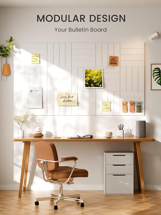 Bumusty Large Cork Board Alternative-47 x35 Felt Bulletin Board Tiles, with 30 Pushpins, 70 Adhesive Tabs, 12-Pack Slat Wall Paneling, Cork Boards for Office Push Pin Board Felt Board-Milky White