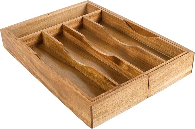 oridom Expandable Acacia Kitchen Drawer Organizer for Cutlery and Utensils, Adjustable Acacia Wood Cutlery Tray in Drawer for Flatware and Silverware in Kitchen