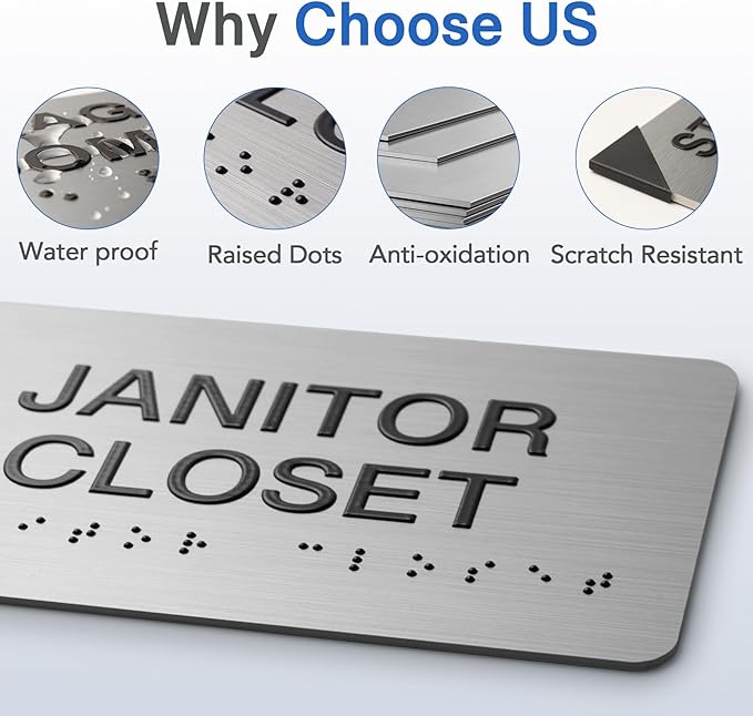 JANITOR CLOSET Signs with Raised Text & Grade 2 Braille, Brushed Aluminum/Silver Finish Easy Install with Double-Sided Tape, ADA Compliant Break Room Door Sign for Businesses & Offices