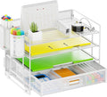Marbrasse Desk Organizer and Accessories4-Tier Paper File Letter Tray Accessories & Workspace Desk Organizers with Drawer and 2 Pen Holders for School Home Office Supplies (White)