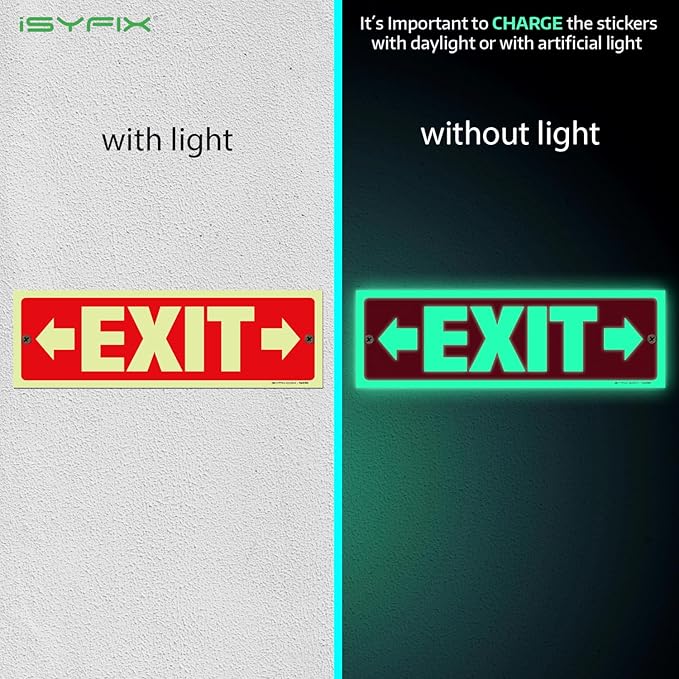 iSYFIX Exit Signs with Directional Right & Left Arrow - 12 Pack 12x4 Inch Glow in the Dark for Business, School, Office, Warehouse - Durable 40 Mil Polystyrene, UV Laminated, Waterproof, Scratch & Fade Resistant