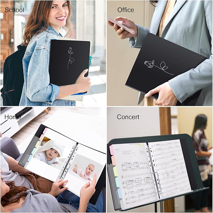 Uquelic 50-Pocket Binder with Plastic Sleeves for Letter/A4 Size(11" x 8.5"), Silver Rose Printed Cover, Document Binder Organizer for Papers, Certificates and Artwork with Macaron PP Divider Pages