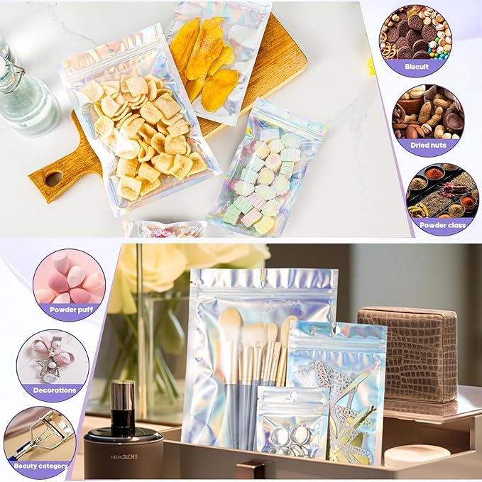 100Pcs Holographic Packaging Bags, 3.5x4.7 inch Resealable Foil Pouch Mylar Sample Bag Great for Small Business and Party