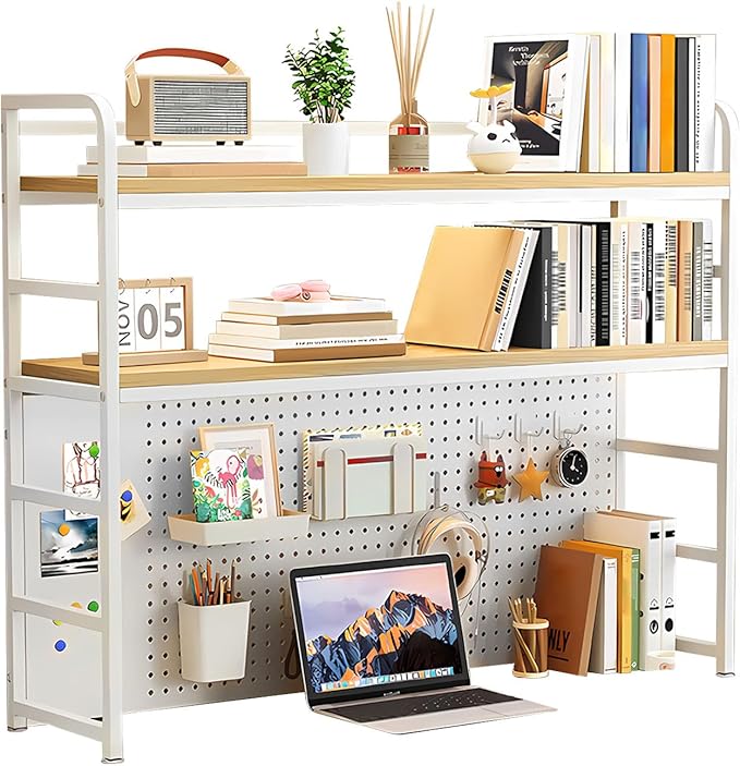 ZWCQSYS 2-Tier Desktop Bookshelf Hutch - Metal Desk Shelf Bookcase with Desk Pegboard Countertop Storage Organizer Rack for Dorm or Office (A, 110cm/43in)