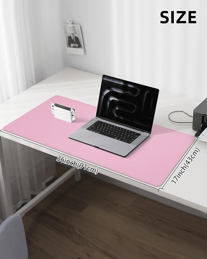 Leather Desk Pad Protector,Desk Mat,Large Mouse Pad, Non-Slip Desk Pad, Waterproof PU Leather Desk Blotter Mat, Desk Cover for Office and Home (Pink, 36" x 17")