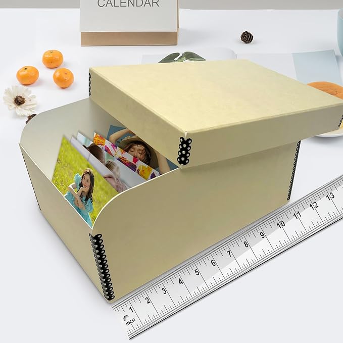 Lineco 4x6 Photo Storage Box, with 12 Acid-Free Envelopes, Holds Up to 1000 3.5" x 5", or 4" x 6" Pictures, Metal Edge Archival Organizer for Cards Stickers Stamps Seeds, 5.5x7.5x11. Tan
