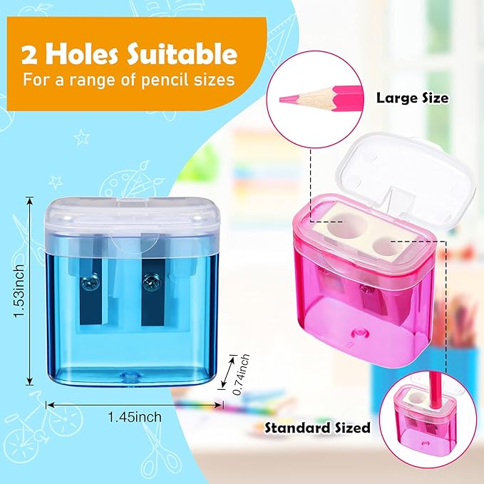 Tenare 48 Pieces Back to School Pencil Sharpeners Manual Double Hole Pencil Sharpener with Lid Hand for Home School Office, Handheld Plastic Crayon Grinder, Pink, Yellow, Green, Blue