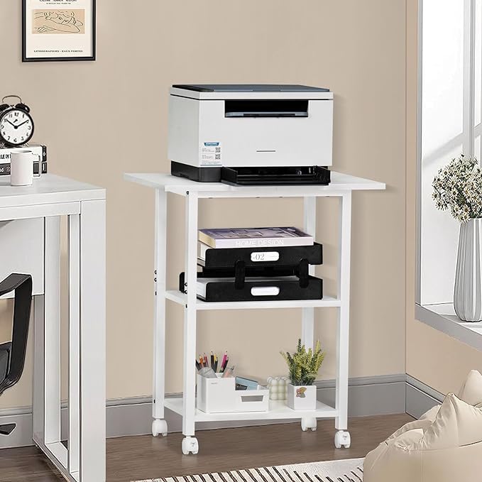 Lerliuo 3-Tier Printer Stand, Industrial Mobile Printer Table with Storage Shelf and Steel Frame, Rolling Printer Cart Holder with Lockable Wheels for Home, Office (White)