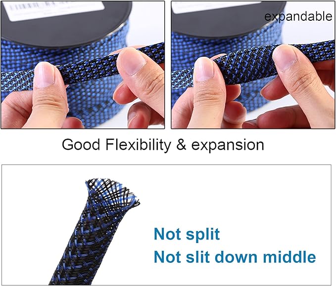 25ft - 3/4 inch PET Expandable Braided Sleeving – BlackBlue – Alex Tech Braided Cable Sleeve