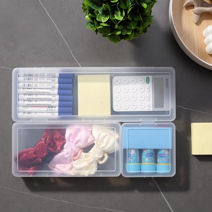 novelinks Stackable Plastic Clear Storage Box Containers with Latching Lid - Art Craft Supply Organizer Storage Containers for Pencil Box, Crayon, Beads (2 Small + 2 Medium + 2 Large -Clear)