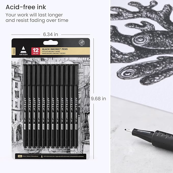 ARTEZA Black Inkonic Fineliners Pens, Set of 12, 0.4 mm Fine Tip Markers, Water-Based Art Pens for Drawing, Sketching, Journaling, Calligraphy