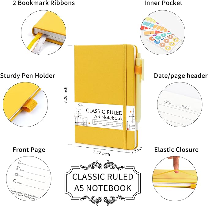 feela 8 Pack Journal Notebook Bulk for School, Hardcover Business Notebooks Classic Ruled Lined Journals with Pen Holder for Work Note Taking, with 8 Black Pens, 120 GSM, 5.1”x8.3”, A5, Yellow