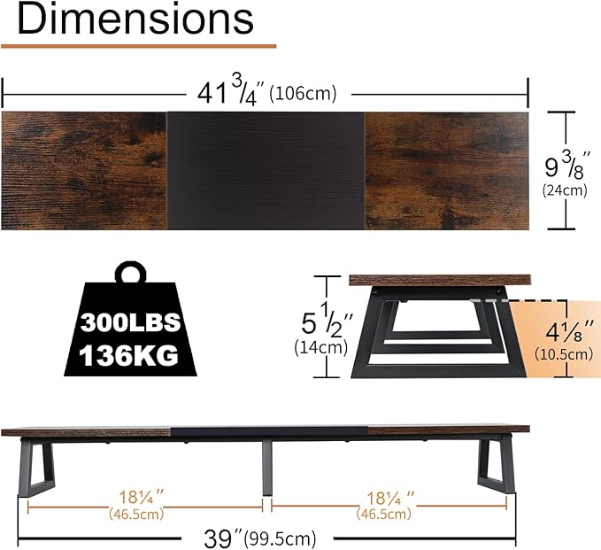 TEAMIX 42 inch Large Dual Monitor Riser, Extra Long Monitor Stand Riser Wide TV Stand Riser Monitor Stand for 2 Monitors Wood & Steel Desktop Riser Desk Organization Home Office