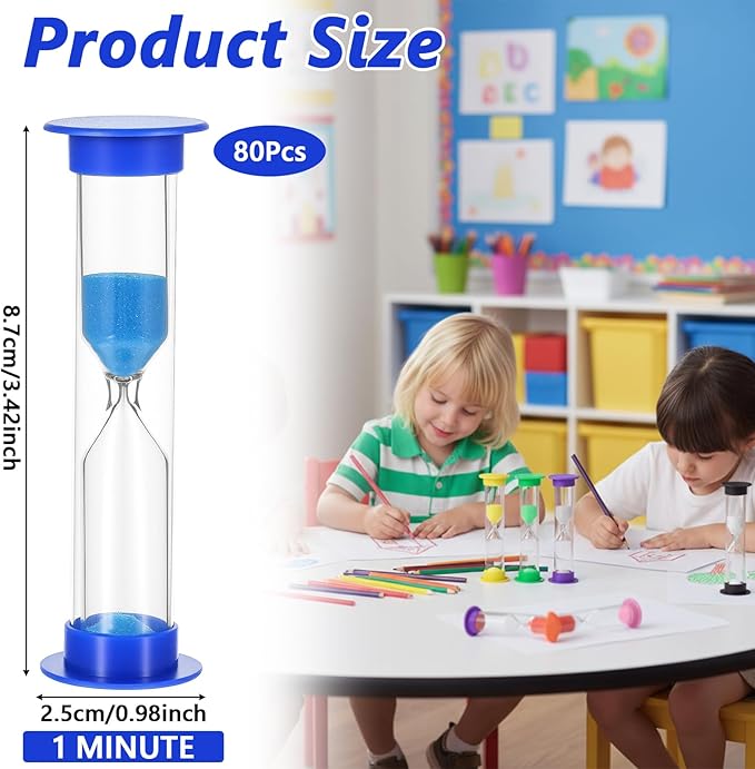 80 Pcs Plastic 1 Minute Sand Timer, 3.42" x 0.98" Small Sand Timer Bulk, Mini Hourglass Timers, Timing Device for Teaching Game Active Office Supply (8 Colors)