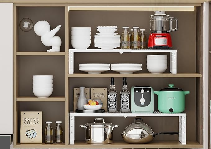 Jojocross Expandable Cabinet Shelf Organizer Storage Spice Rack Shelves for Kitchen Stackable Adjustable Pantry Cupboard Bathroom Countertop Desktop(2Packs/White/Medium-with Hole)